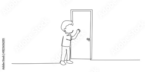Continuous line drawing of a child knocking on a door. Single-line illustration suitable for safety themes, family education, home situations, parenting concepts, communication, daily life scenes.