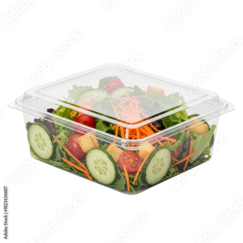 Fresh salad in clear container ready to eat, healthy convenience grab and go meal
