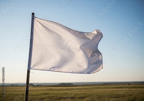 Plain white flag waving gently in the wind over a vast open field
