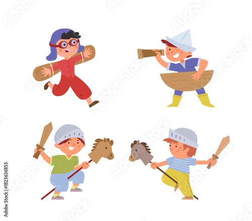 Boys dressed up in knights, sailor and pilot. Happy Kids play wooden swords, run with handmade airplane wings, looking through toy telescope in sailors hat