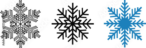 Set of Three Stylized Snowflake Vector Icons in Outline, Solid Black, and Blue Colors, Representing Winter Weather, Christmas, Cold Temperatures, and Seasonal Decoration