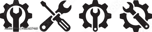 Service icons set. Wrench, screwdriver and gear icon. Screwdriver and wrench glyph icon. Settings and repair, service sign - stock vector