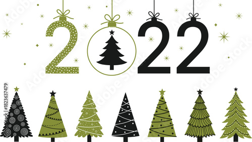 Vector Graphic Design for the Year 2022 with Hanging Ornaments and a Set of Modern Stylized Christmas Trees in a Black and Olive Green Color Palette