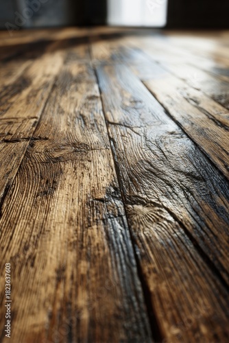 Low-Angle View of a Sunlit, Weathered Hardwood Floor with Deep, Rustic Texture.