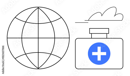 Globe with outlined latitude and longitude lines beside a medical kit with a cross, symbolizing global healthcare, aid, and unity. Ideal for health, charity, care, support, outreach safety