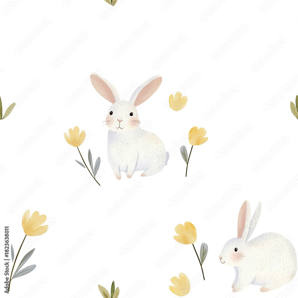 Obraz premium Seamless pattern with cute white rabbits and yellow flowers isolated on transparent background watercolor hand drawn illustration for kids design