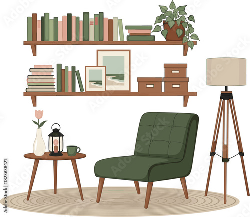 Cozy Minimalist Interior Vector Illustration of a Reading Nook with Bookshelves, Green Armchair, Tripod Floor Lamp, Potted Plant, and Decorative Side Table Elements
