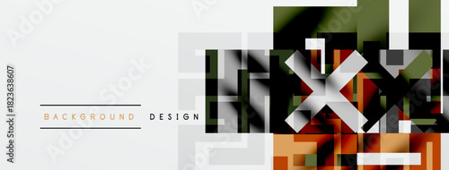 Abstract geometric pattern. Squares, rectangles overlap creating modern visual effect. Light gray, brown, green hues present.