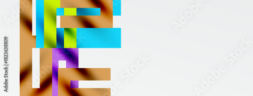 Abstract composition features vibrant rectangles, blurred edges, warm tones, cool blues, purple accents. Minimalist design, modern aesthetic.