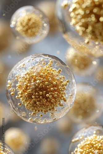 Luminous Cellular Orbs with Glittering Gold Cores in Abstract Suspension.