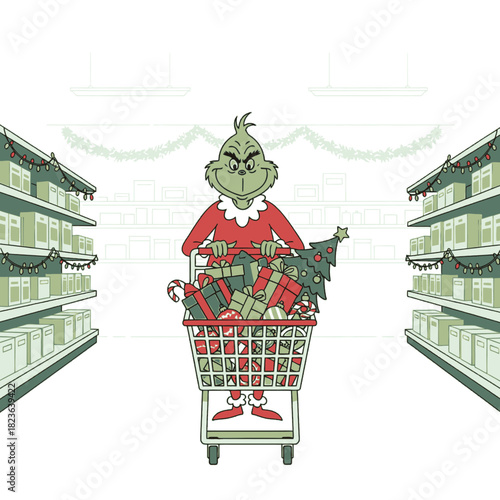 Illustration of a mischievous green character pushing a shopping cart full of Christmas gifts in a store aisle.