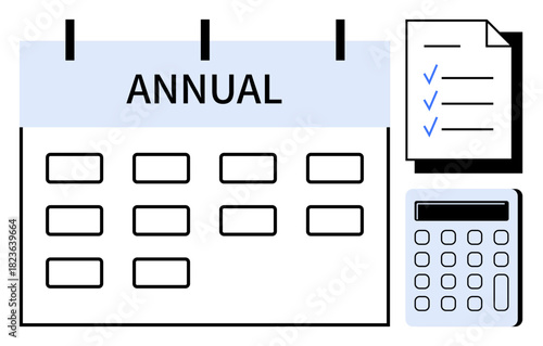 Annual calendar grid, checklist with checkmarks, and calculator representing schedule planning, goal tracking, financial management. Ideal for productivity, organization, budgeting, analysis