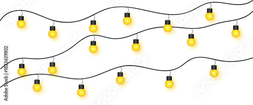 Festive glowing yellow string light garland for party and celebration decoration on a white background