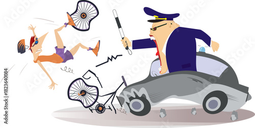 Angry policeman. Road collision with cyclist involved