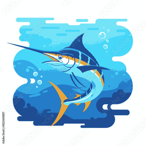Stylized vector illustration of a blue marlin swimming in the ocean with waves and bubbles.