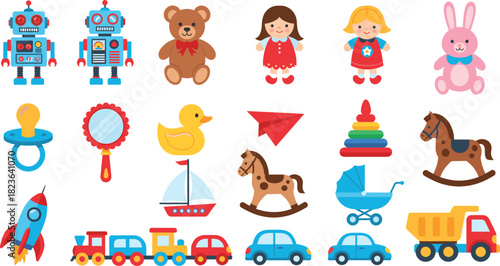 Cute Set of Colorful Classic Children's Toys Vector Collection, Including Teddy Bears, Dolls, Robots, Trains, Cars, Rocking Horse, and Baby Accessories