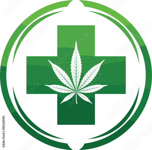 Medical Cannabis Cross and Leaf Vector Logo Design Symbolizing Natural Herbal Treatment, CBD Healthcare, Alternative Medicine, and Wellness Clinics