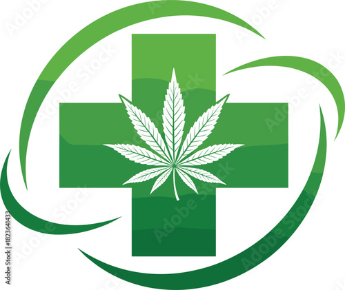 Dynamic Vector Logo Featuring a Medical Green Cross and Cannabis Leaf, Representing Modern CBD Products, Herbal Medicine, and Holistic Health and Wellness Solutions