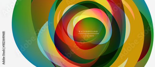 Abstract colorful layers create dynamic circular design. Vibrant hues blend, forming modern visual experience. Text reads background design.