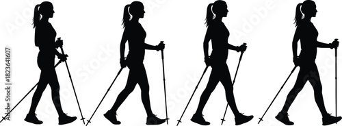 Active young woman practicing Nordic walking technique outdoors, silhouette vector sequence showing full stride motion and proper form for fitness and healthy lifestyle.