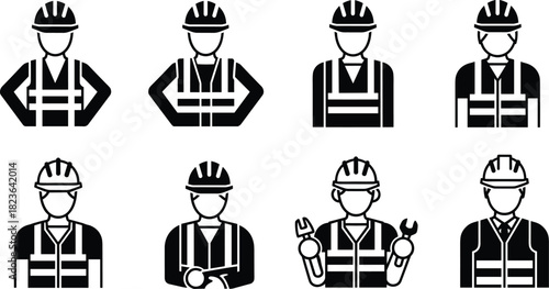 Construction Worker Safety Vest Hard Hat Icon Set Vector Illustration Industrial Engineering Builder Maintenance Service Technician Line Art Silhouettes Minimal Design Graphic Resources