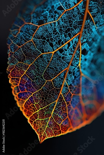 Luminous Skeleton Leaf Macro - Iridescent Teal and Orange Veins Glow on Dark Background.