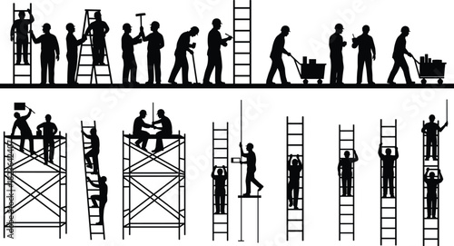 Construction Workers Silhouette: Ladder, Scaffolding, and Cart Usage on Job Site for Repair, Maintenance, and Building Industry Professions Vector Illustration Set, Isolated Black 