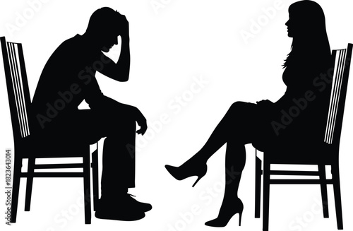 Couple conflict therapy session, relationship troubles stress, man and woman silhouette discussion, emotional depression sadness, psychological help counseling, marriage communication problems.