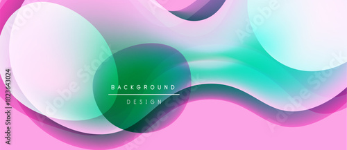 Abstract fluid shapes overlap, creating vibrant pink, teal, green gradients. Modern design emphasizes smooth transitions, soft colors.