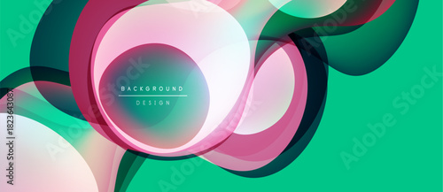 Abstract design features overlapping circles, flowing shapes, vibrant turquoise background. Modern aesthetic, dynamic composition, soft gradients present.
