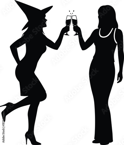 Festive Witch and Friend Silhouettes Cheering Champagne Glasses, Celebrating Halloween or Bachelorette Party Success with Style and Glamour Vector Illustration