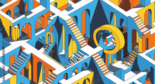 Architectural optical illusion with stairs and impossible shapes art illustration