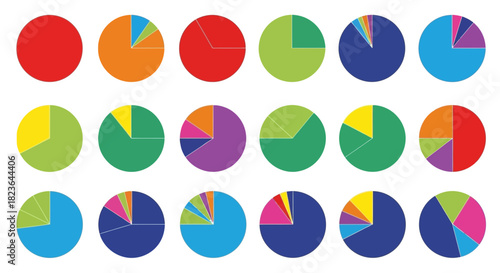 Collection of colorful pie charts for data visualization and infographic usage