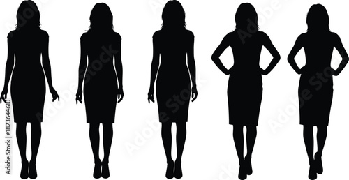 Professional Woman Silhouette Collection Set, Business Female Poses, Standing Straight, Hands on Hips, Elegant Dress, Full Body Vector Graphics, Isolated on White Background for Design Resources