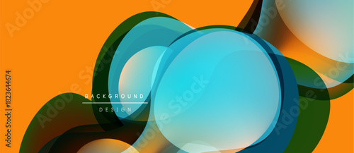 Abstract design features vibrant overlapping circles, flowing lines. Orange background complements blue, green hues. Modern, dynamic composition.