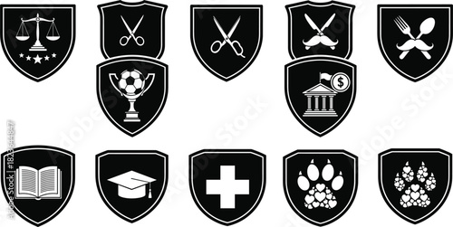 Set of Black Shield Icons Vector Collection for Service Industries, Featuring Law Scales, Barber Tools, Restaurant, Finance, Education, Health Cross, and Pet Paw Print Symbols