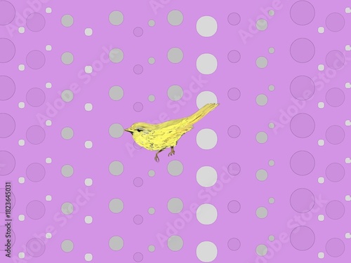パープルのドット模様の中にいる黄色い鳥のイラスト