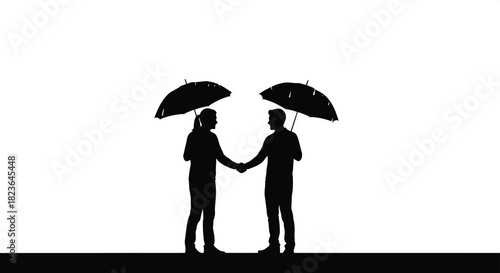 Silhouette of Romantic Couple Holding Hands Under Separate Umbrellas in Rainy Weather, Symbolizing Partnership, Protection, Support, Love, Togetherness, and Commitment Against a White Background
