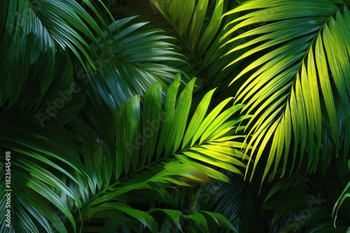 Lush Green Palm Fronds - Tropical Foliage in Sunlight and Shadow.