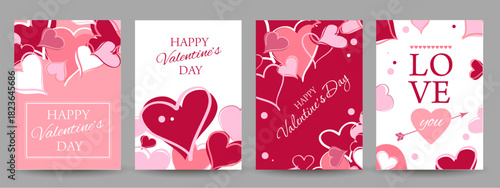 Cute set of four Valentine Day banners in cartoon style with Happy Valentine Day lettering and hand-drawn hearts. Bright romantic design for social media posts, greeting cards, advertising and holiday
