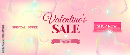 Horizontal Valentines Day sale banner with elegant typography, romantic design elements and a prominent Shop Now button. Modern promotional layout for seasonal discounts, online stores, holiday market