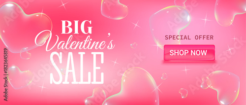 Horizontal Valentines Day sale banner with elegant typography, romantic design elements and a prominent Shop Now button. Modern promotional layout for seasonal discounts, online stores, holiday market