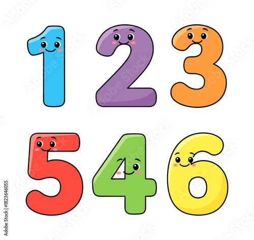 Cute cartoon numbers 1 to 6 showing happy faces