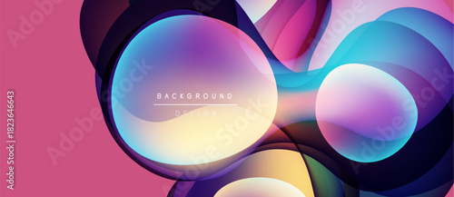 Abstract fluid shapes overlap, creating vibrant color gradients. Pink background complements blue, purple hues. Modern design element.