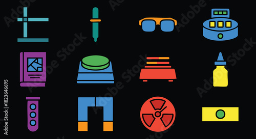 Modern laboratory equipment icons for science education and research in vibrant colors on black