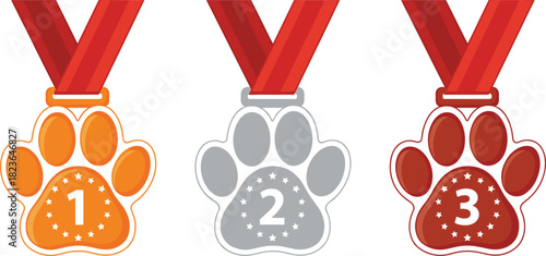 First, Second, and Third Place Paw Print Medals Vector Set, Representing Pet Show Competition, Dog Training Awards, Animal Sports Achievements, and Veterinary Recognition