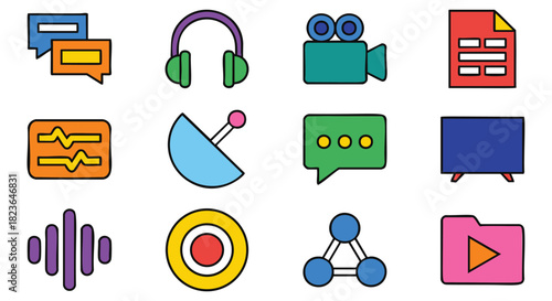 Vibrant multimedia icons perfect for website design and modern app interface, communication icons