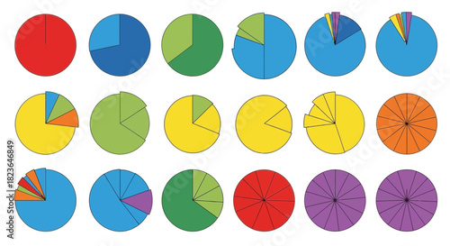 Infographic collection of diverse pie charts illustrating statistical data visually