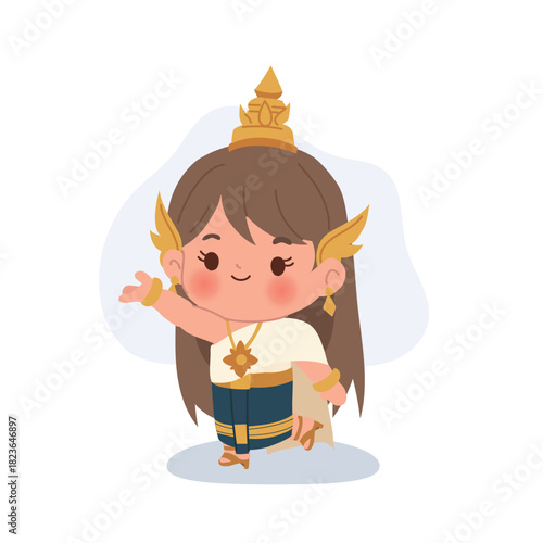 adorable cartoon girl in thai traditional costume performing a classic dance representing thai culture