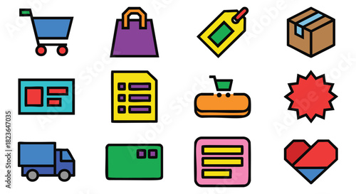 Explore vibrant icons for e-commerce success, featuring shopping carts, delivery trucks and special offers